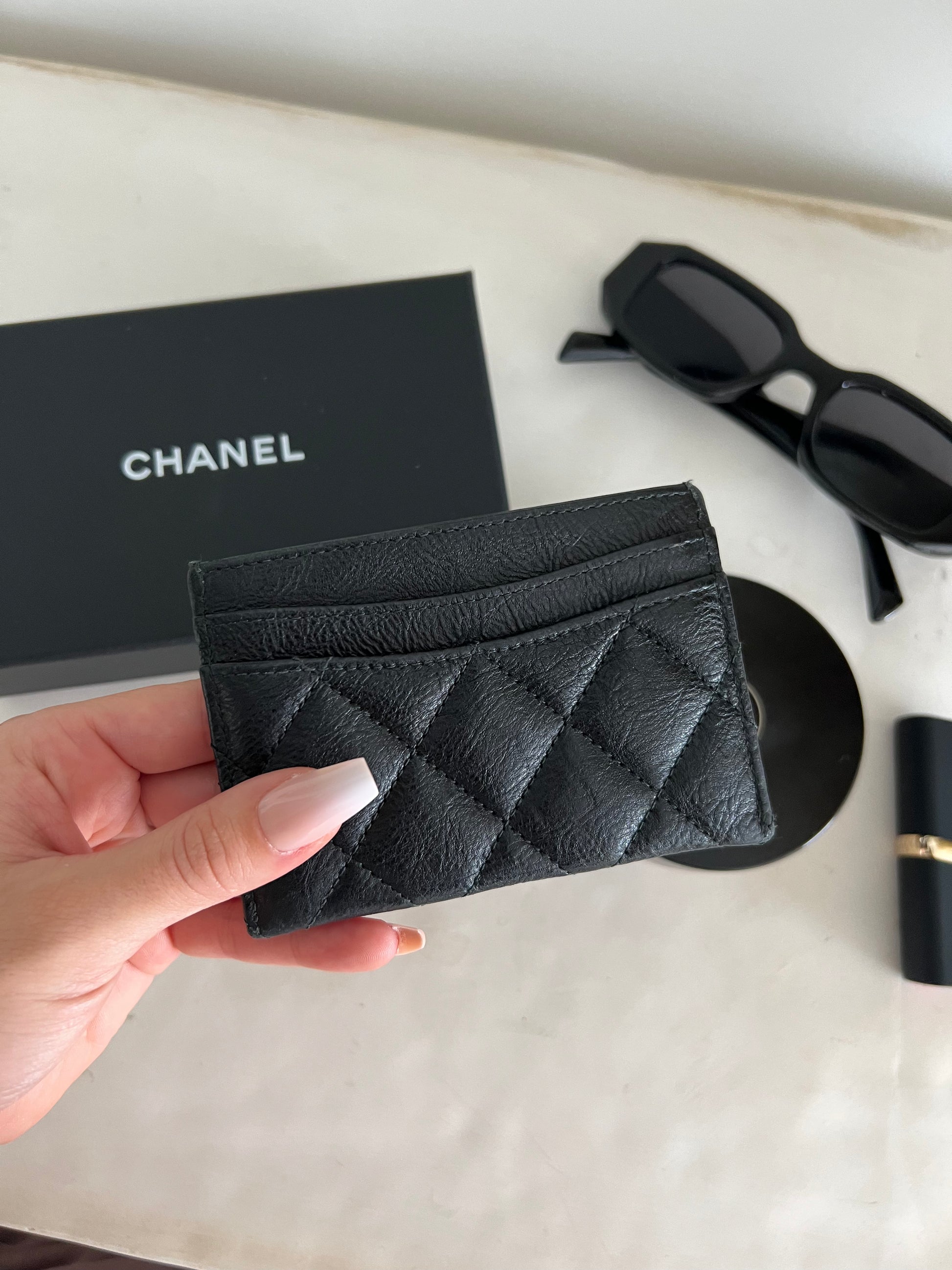 CHANEL NEW Black Lambskin Leather Card Holder Mini Jewel Hook Handle  Wristlet